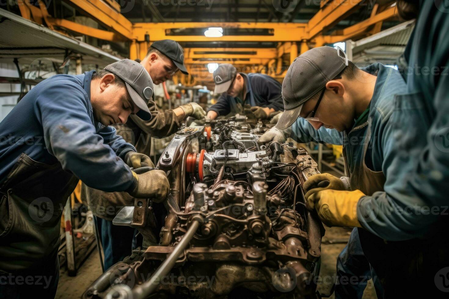An automobile mechanic as they perform a diagnostic check on a car's engine in a repair service setting. Generative AI photo