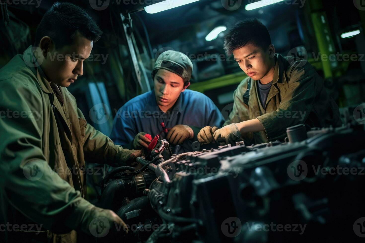un automóvil mecánico como ellos realizar un diagnóstico cheque en un carros motor en un reparar Servicio ajuste. generativo ai foto