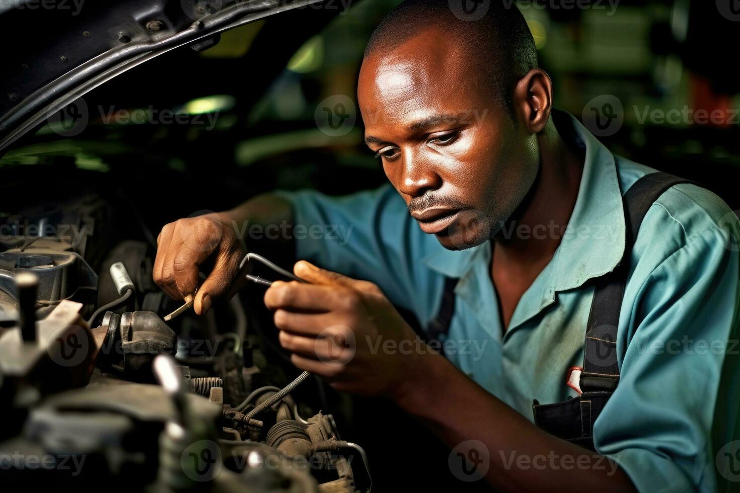 An automobile mechanic as they perform a diagnostic check on a car's engine in a repair service setting. Generative AI photo