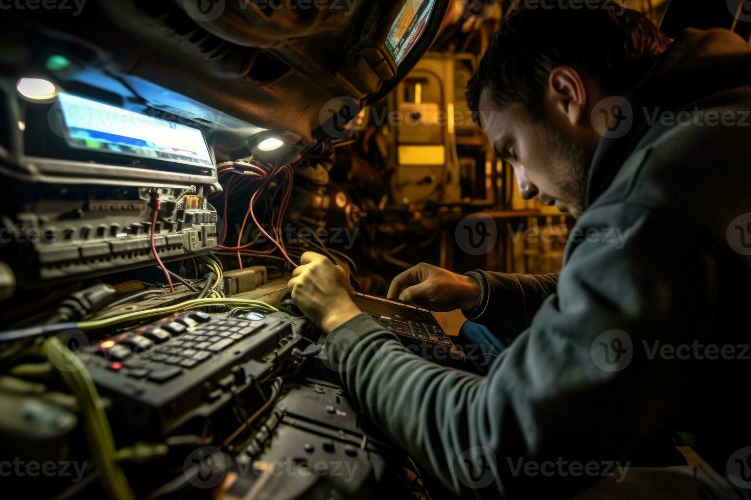 An automobile mechanic as they perform a diagnostic check on a car's engine in a repair service setting. Generative AI photo