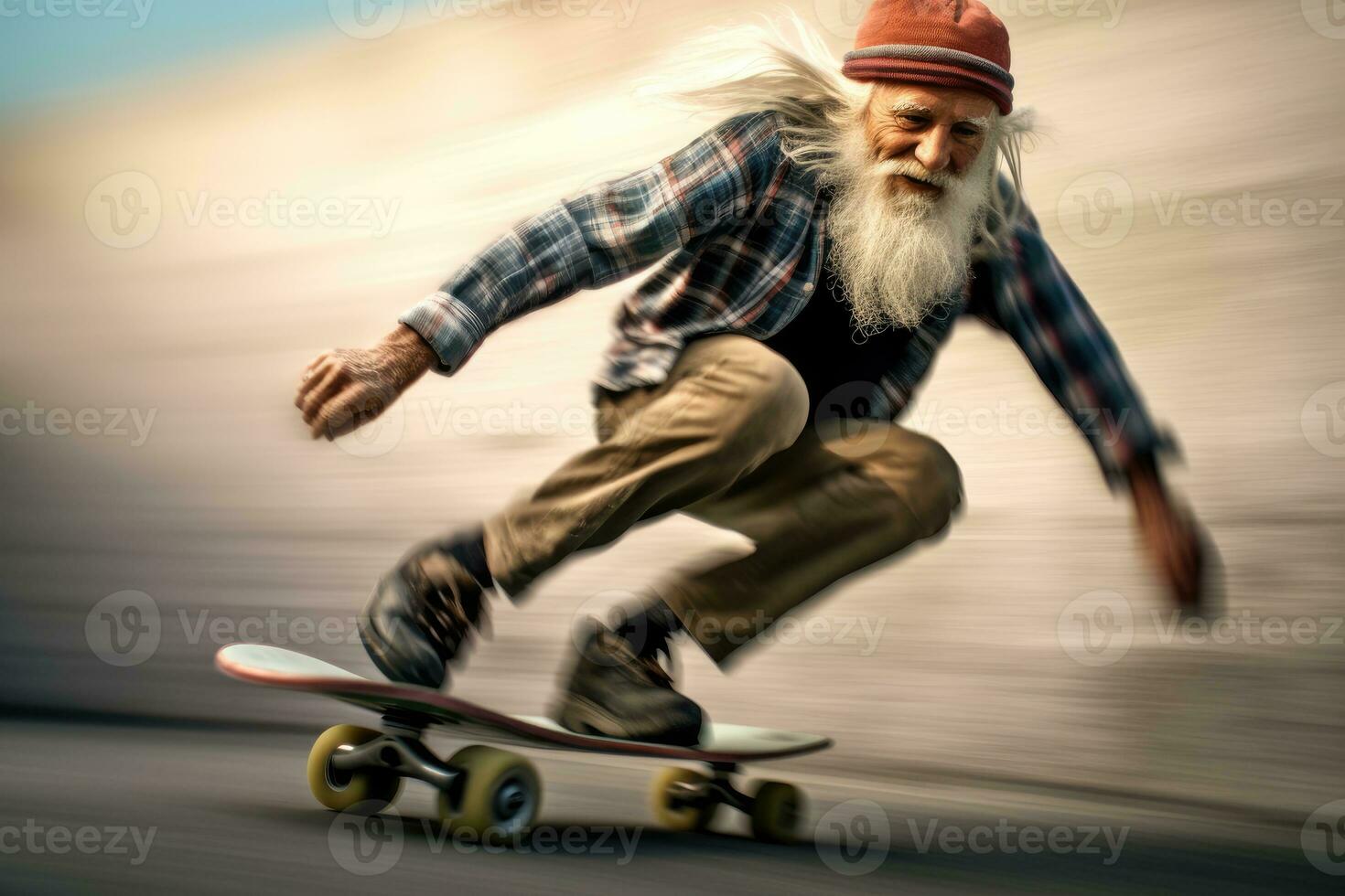 Close - up shot. The dynamic movement of an elderly man skateboarding at an impressive speed. Generative AI photo