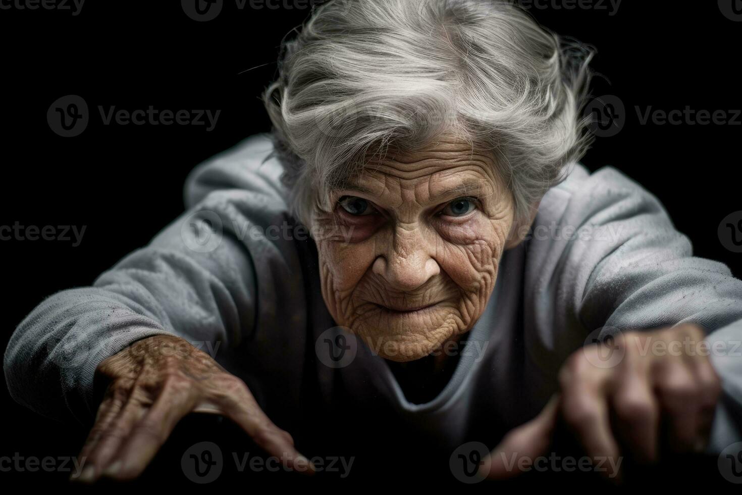 Close - up photograph. An old elderly woman as she engages in a sport exercise routine. Generative AI photo