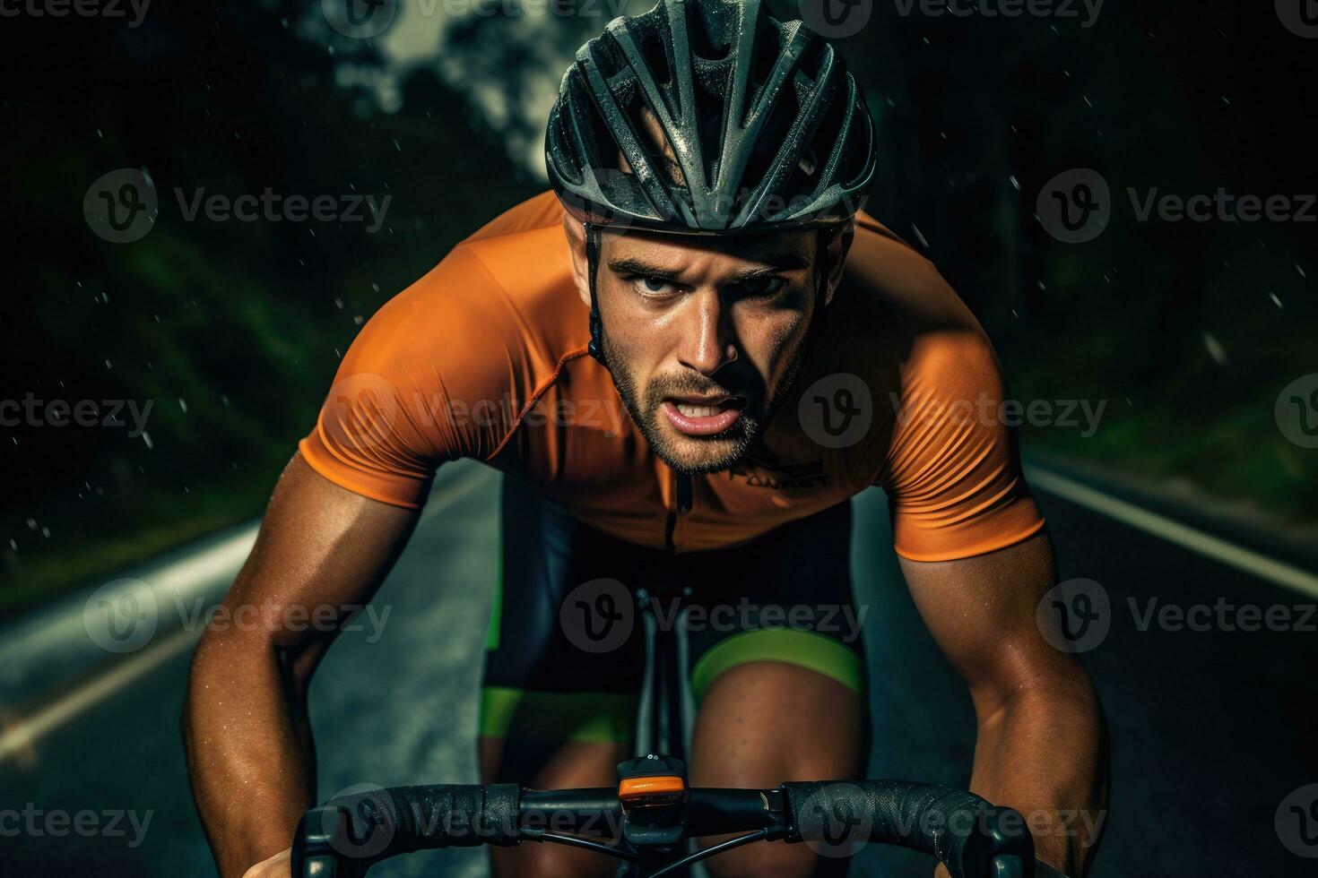 el aguante de un masculino ciclista como él Razas abajo un escénico la carretera. generativo ai foto