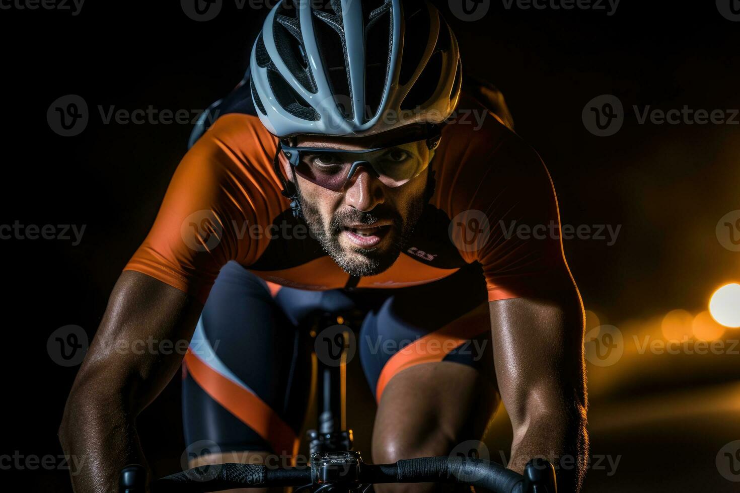 The stamina of a male cyclist as he races down a scenic road. Generative AI photo