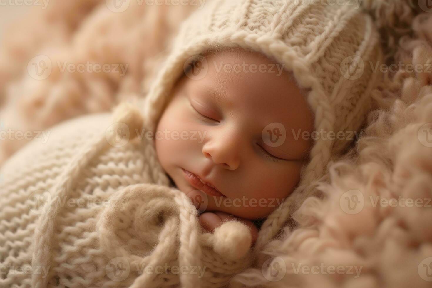 A photograph showing the innocence and purity of a newborn baby in a comfortable, dreamlike setting. Generative AI photo