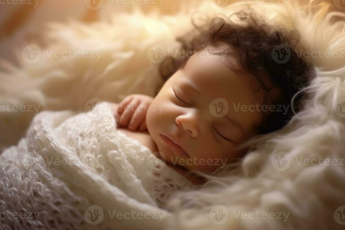 A photograph showing the innocence and purity of a newborn baby in a comfortable, dreamlike setting. Generative AI photo