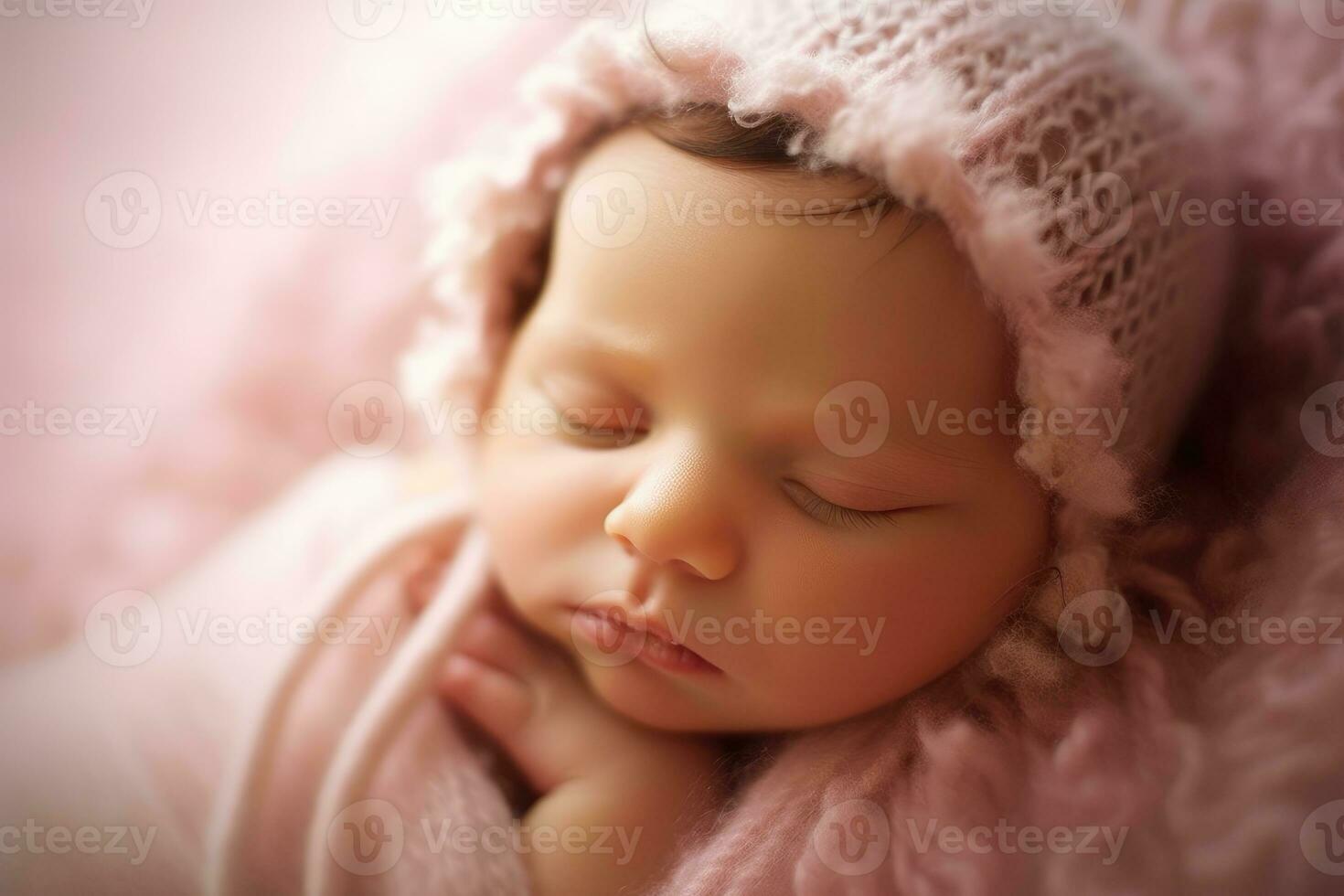 A photograph showing the innocence and purity of a newborn baby in a comfortable, dreamlike setting. Generative AI photo