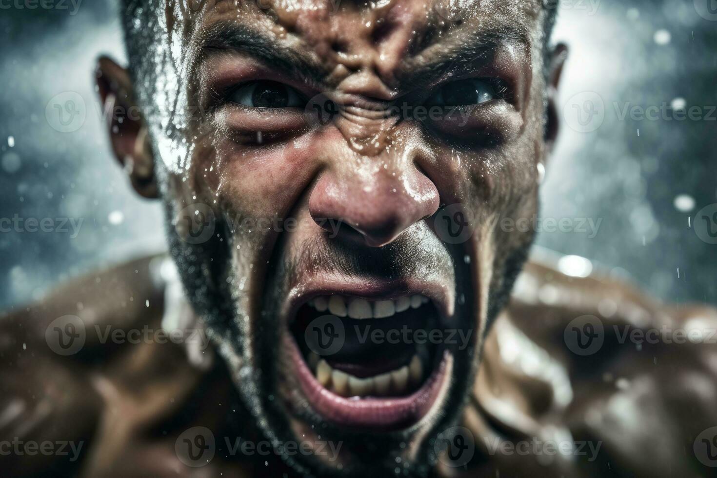 The intensity and concentration of a male boxer as he throws a powerful punch in the boxing ring. Generative AI photo