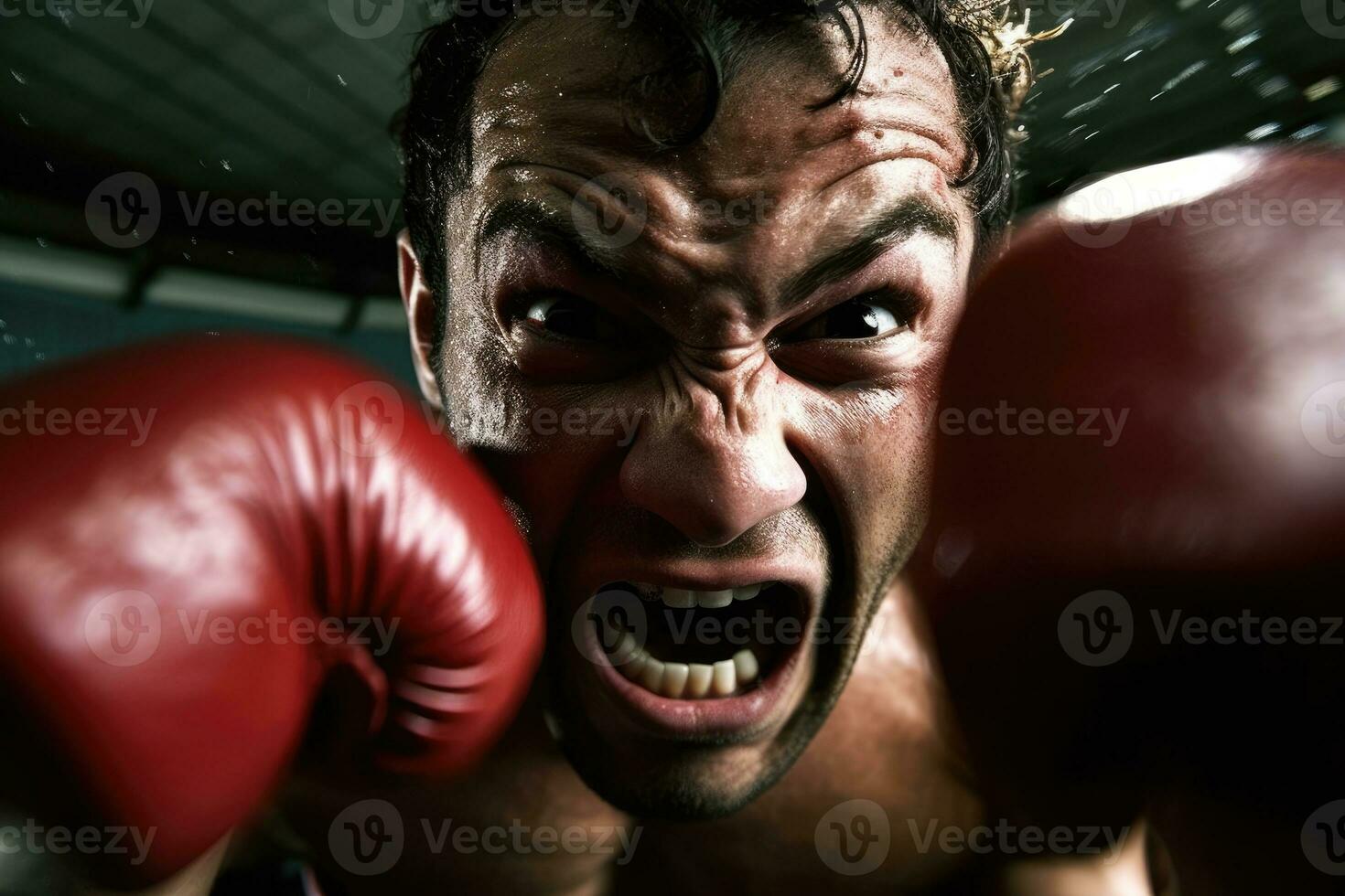 The intensity and concentration of a male boxer as he throws a powerful punch in the boxing ring. Generative AI photo
