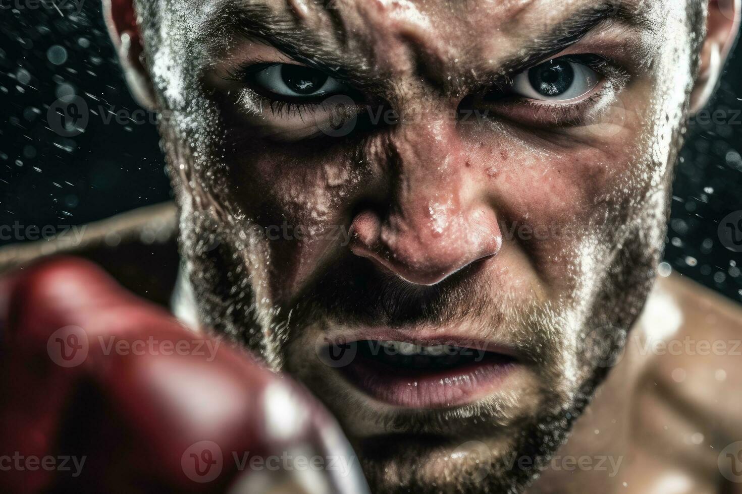 The intensity and concentration of a male boxer as he throws a powerful punch in the boxing ring. Generative AI photo