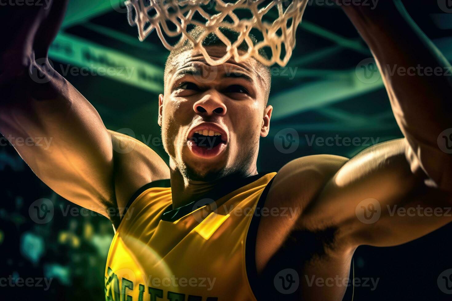 The teamwork and coordination of a male basketball player as he goes for a dunk during a game. Generative AI photo