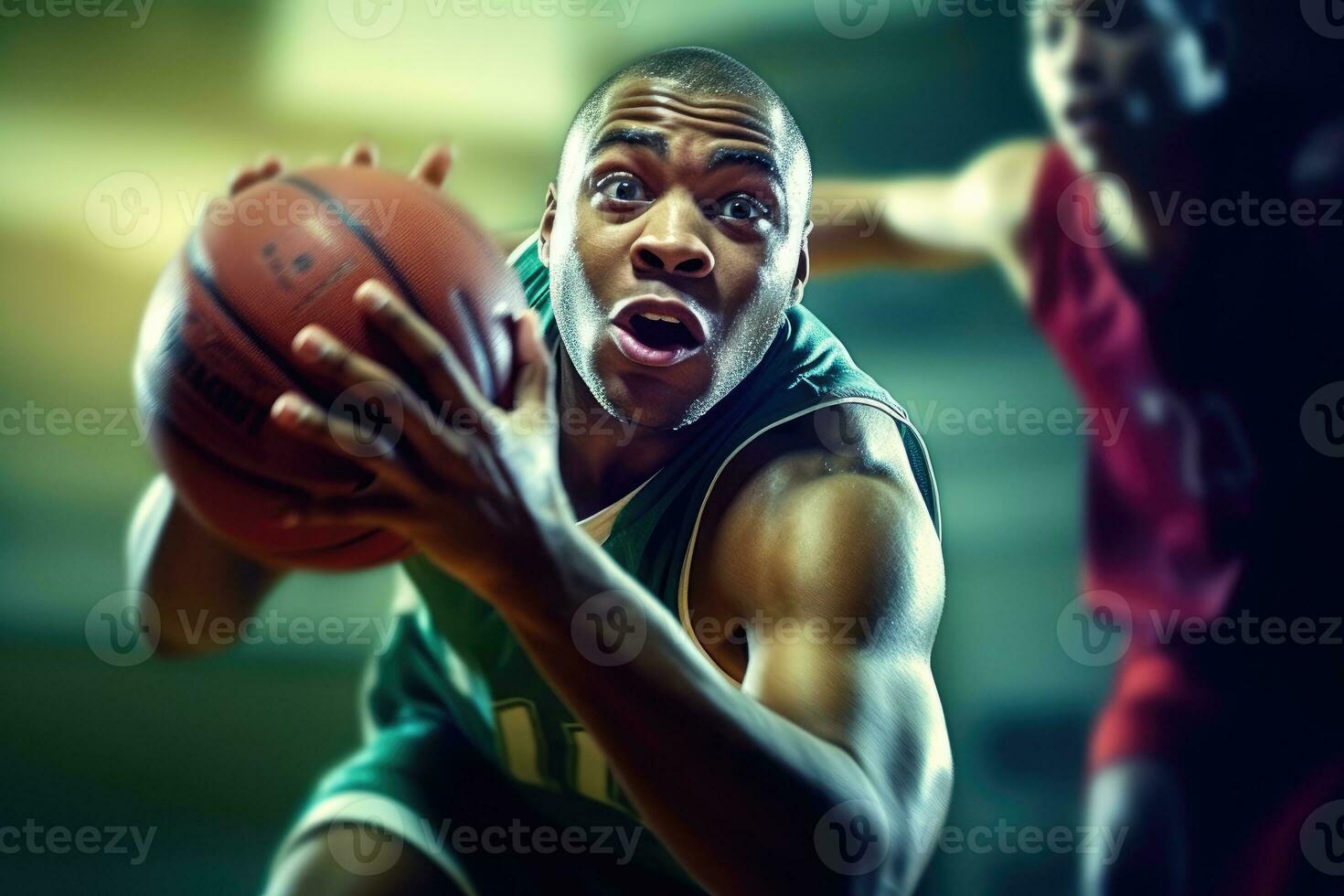 The teamwork and coordination of a male basketball player as he goes for a dunk during a game. Generative AI photo