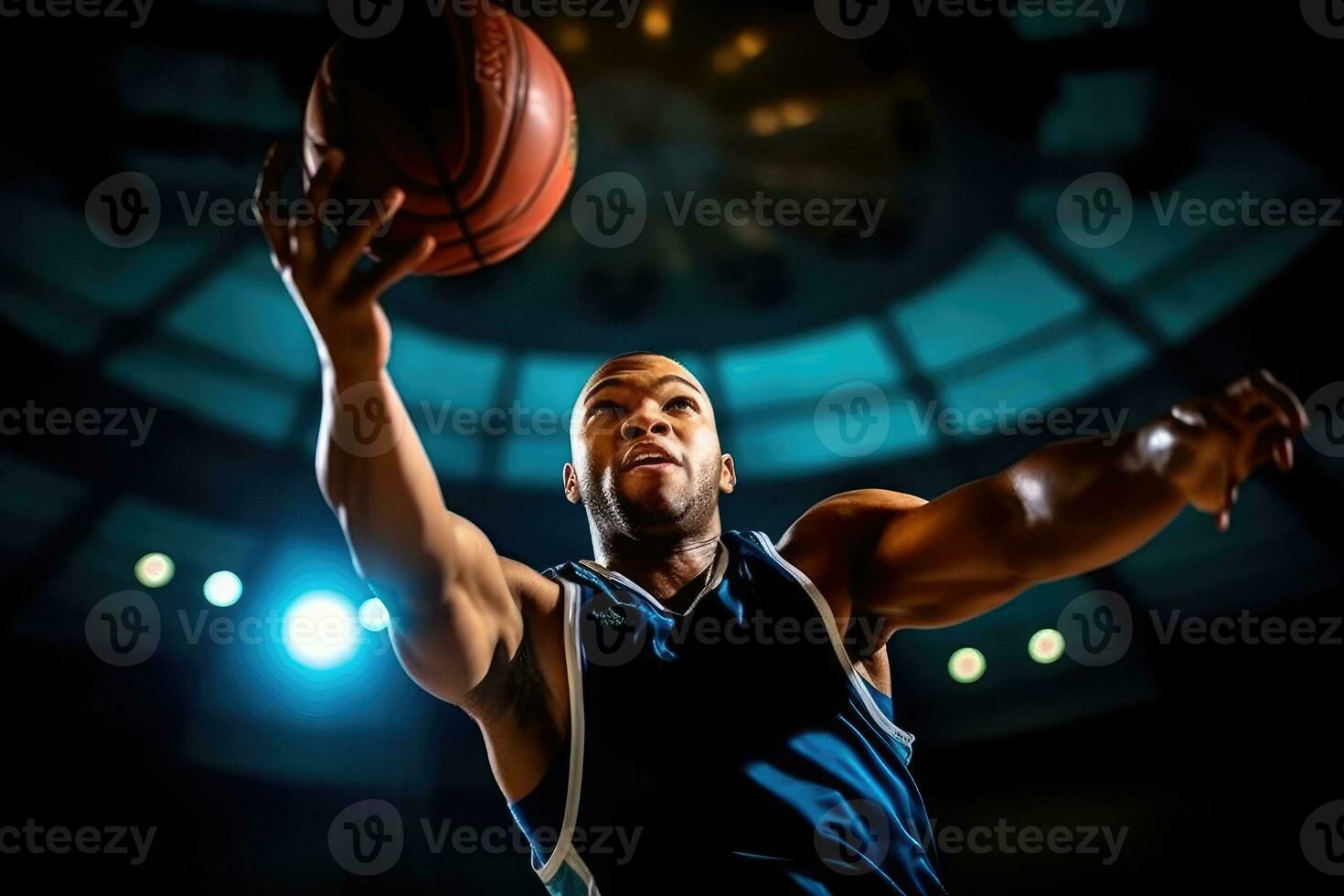 The teamwork and coordination of a male basketball player as he goes for a dunk during a game. Generative AI photo