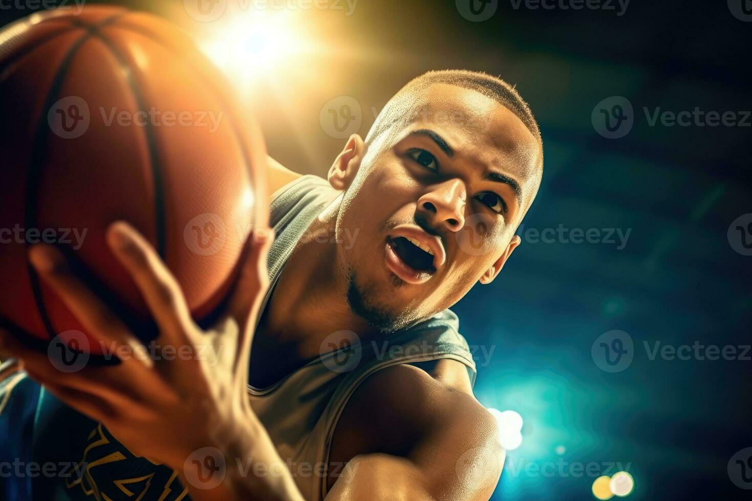 The teamwork and coordination of a male basketball player as he goes for a dunk during a game. Generative AI photo