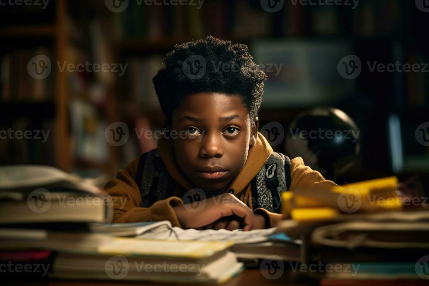Environmental portrait of a african american boy student sitting at a desk in a classroom, surrounded by books and school supplies. Generative AI photo
