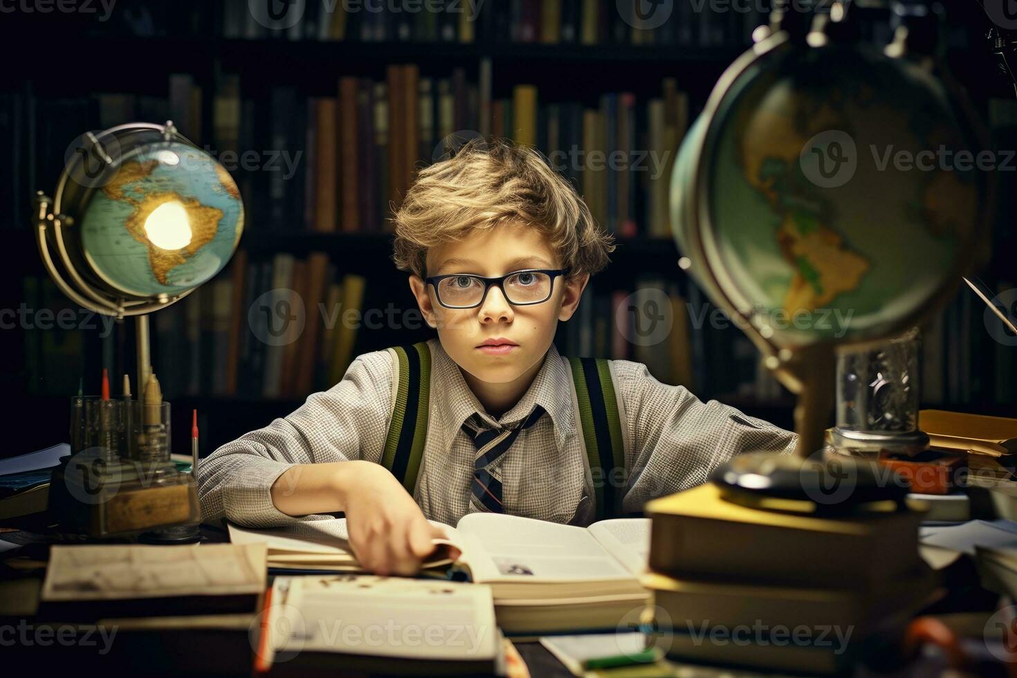 Environmental portrait of a caucasian boy student sitting at a desk in a classroom, surrounded by books and school supplies. Generative AI photo