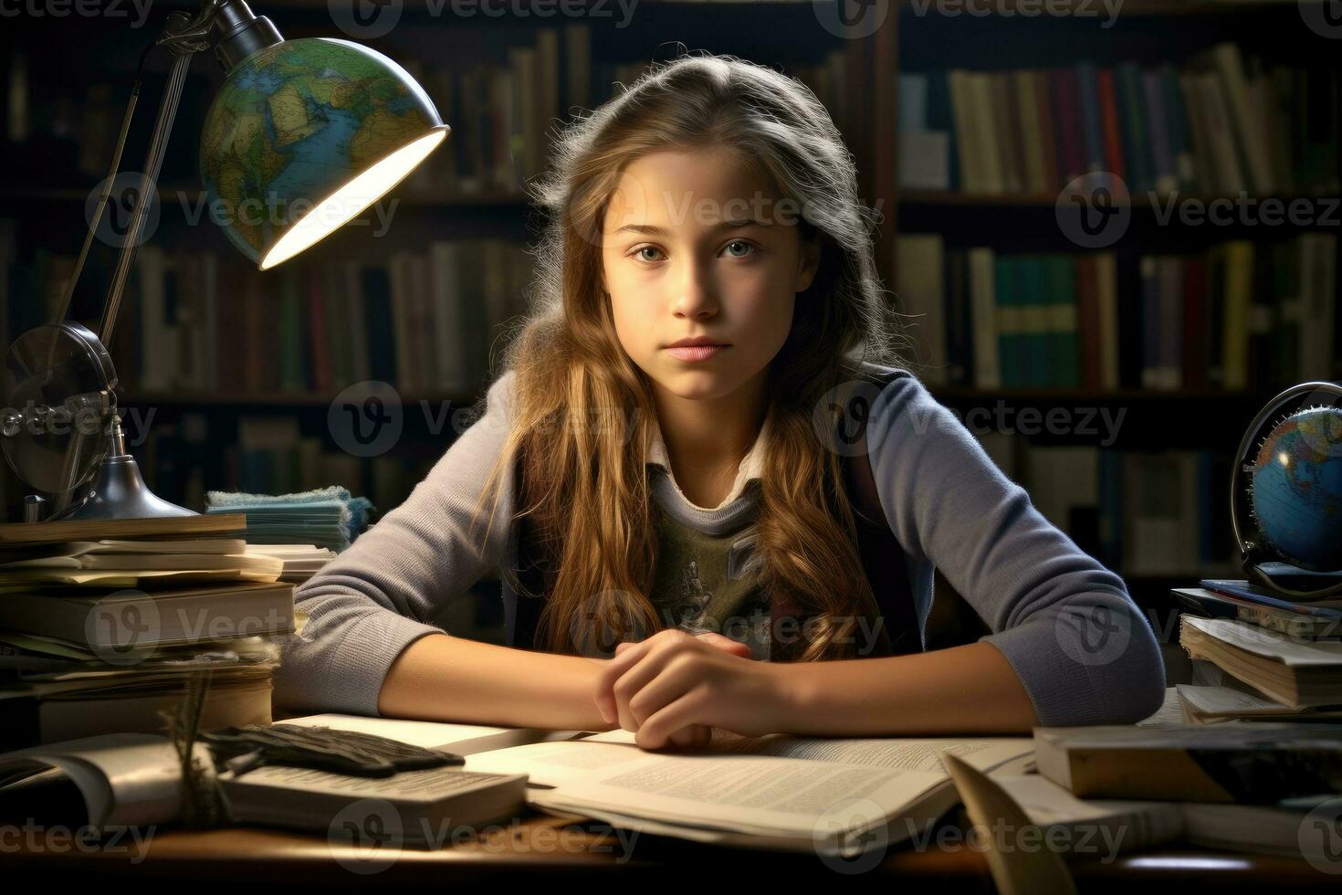 Environmental portrait of a caucasian girl student sitting at a desk in a classroom, surrounded by books and school supplies. Generative AI photo