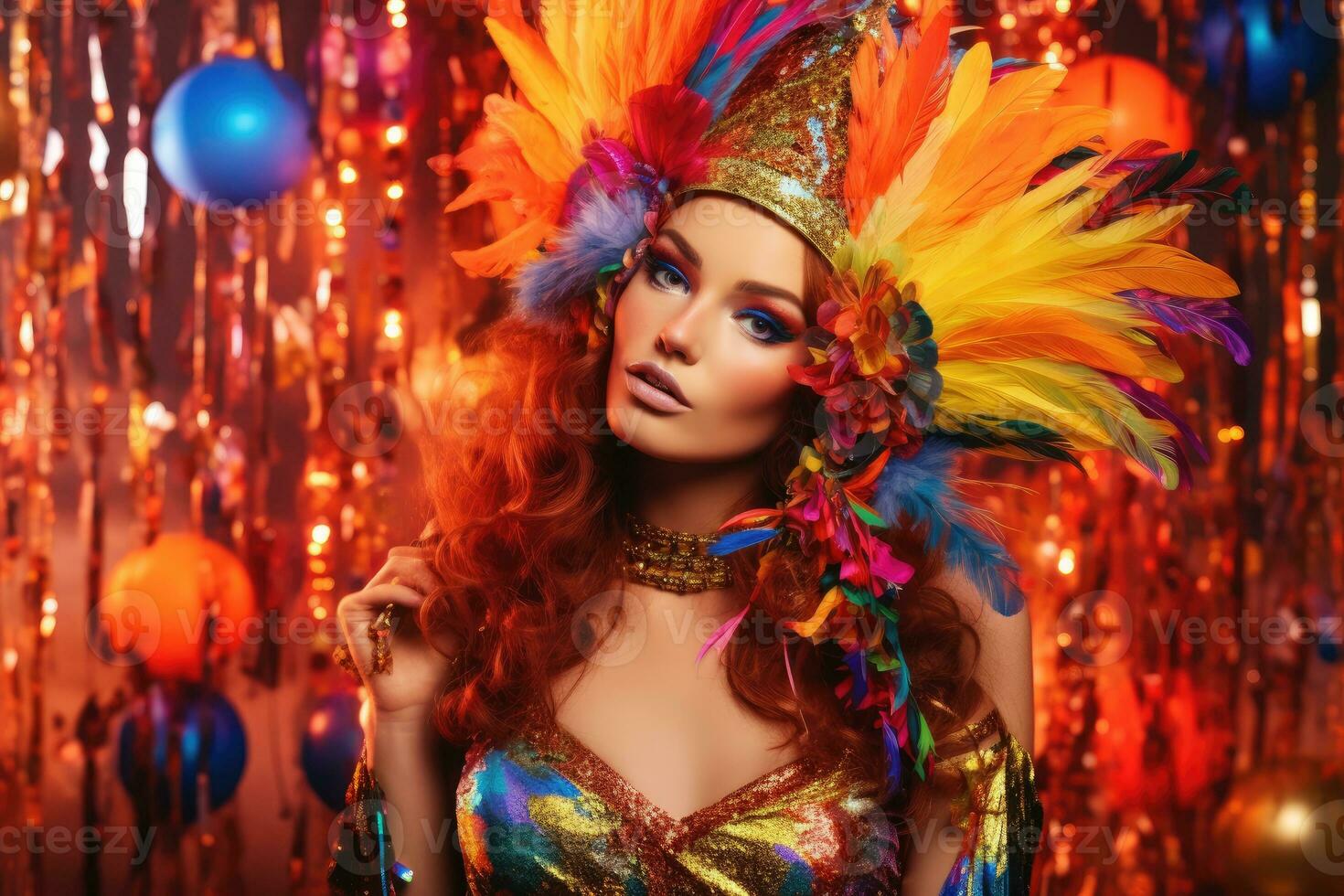 The enchanting beauty of a woman dressed in a lively and colorful New Year's costume against a vibrant backdrop in a studio setting. Generative AI photo