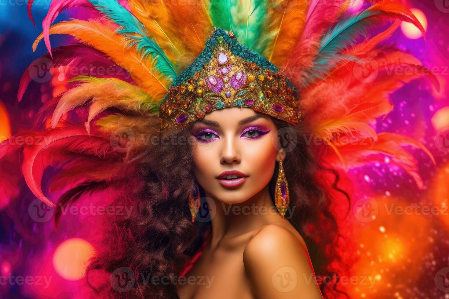 The enchanting beauty of a woman dressed in a lively and colorful New Year's costume against a vibrant backdrop in a studio setting. Generative AI photo