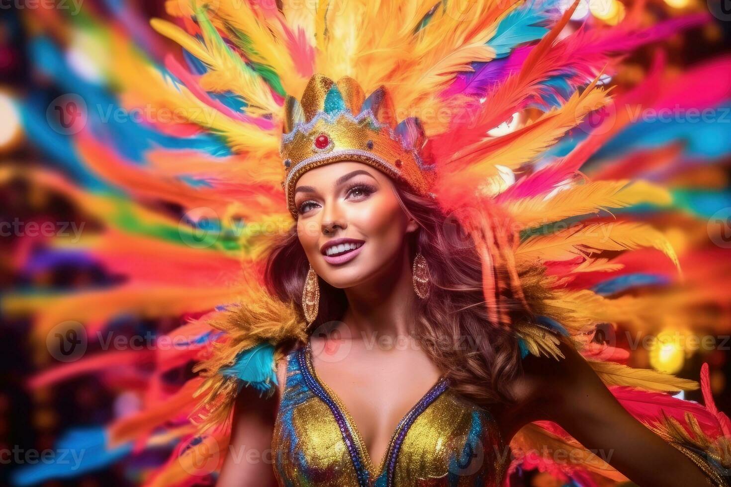 The enchanting beauty of a woman dressed in a lively and colorful New Year's costume against a vibrant backdrop in a studio setting. Generative AI photo