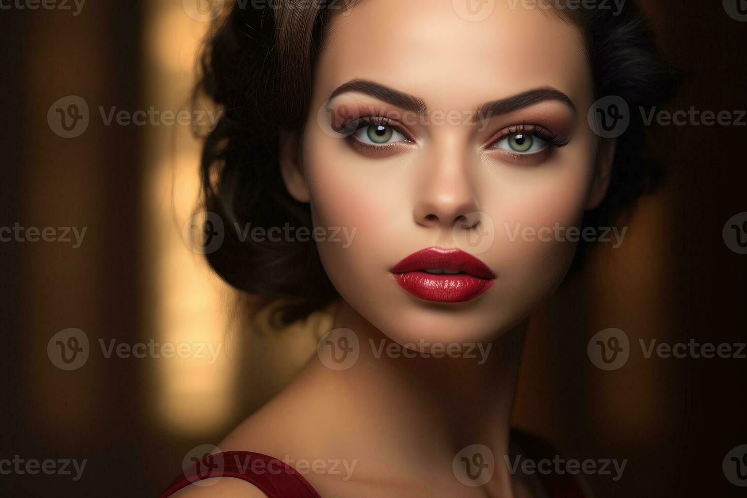 Portrait shot of a woman with flawless skin and a perfectly applied lipstick. Generative AI photo