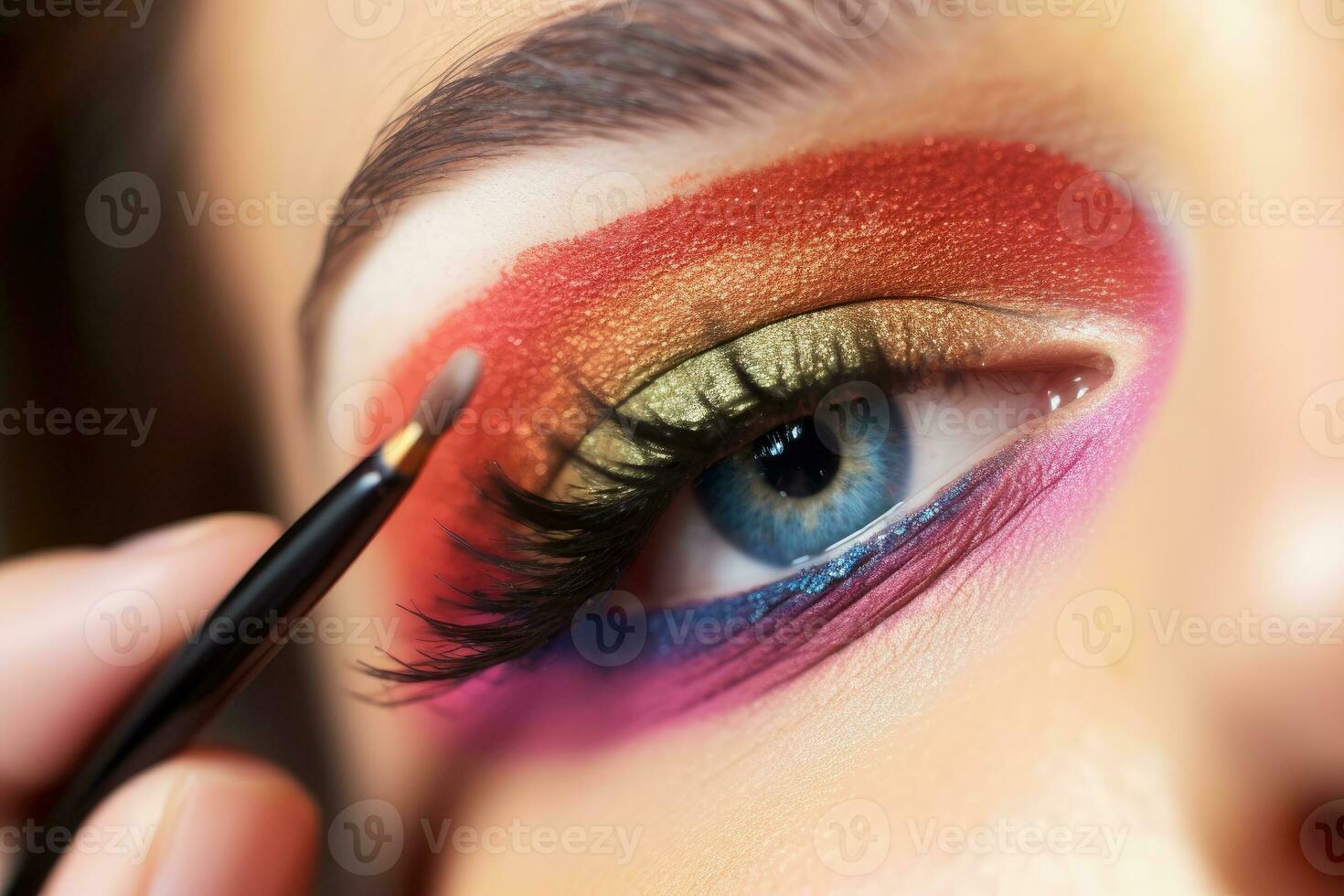 Close - up shot of a makeup artist applying a bold and dramatic winged eyeliner.  Generative AI photo