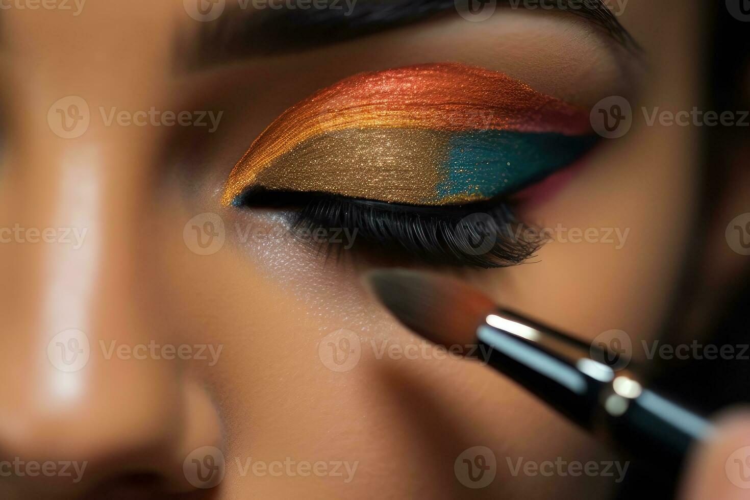 Close - up shot of a makeup artist applying a bold and dramatic winged eyeliner.  Generative AI photo