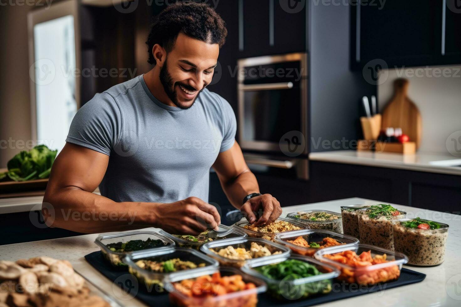A lifestyle shot of a man enjoying a homemade meal prep with containers filled with nutritious and portioned meals. Generative AI photo