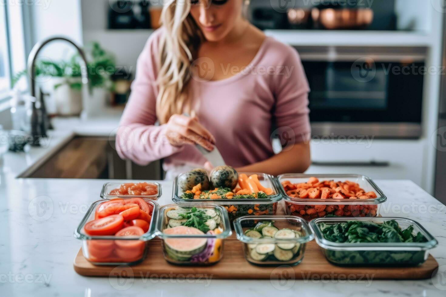 A lifestyle shot of a woman enjoying a homemade meal prep with containers filled with nutritious and portioned meals. Generative AI photo
