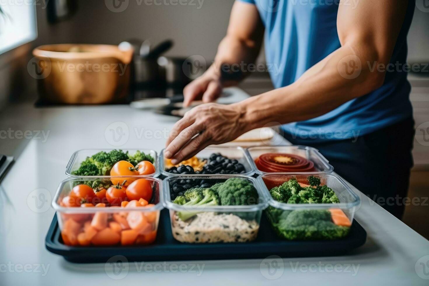 A lifestyle shot of a man enjoying a homemade meal prep with containers filled with nutritious and portioned meals. Generative AI photo