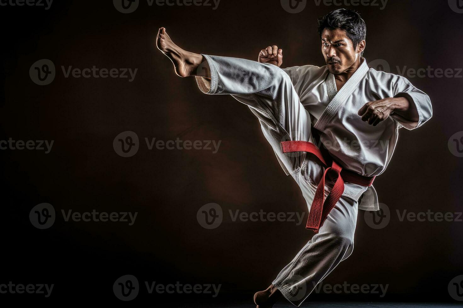 A photo showing the agility of a male martial artist doing high kicks in a martial arts studio. Generative AI