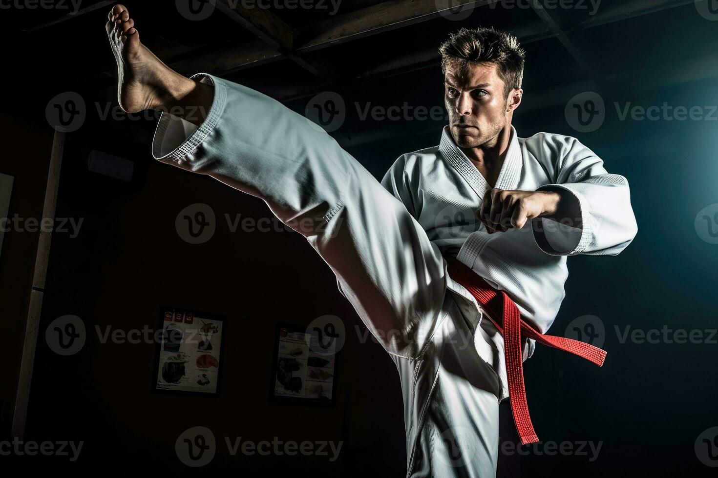 A photo showing the agility of a male martial artist doing high kicks in a martial arts studio. Generative AI