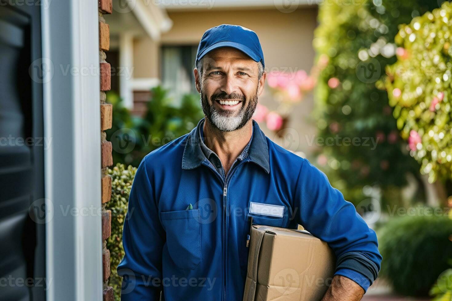 Photo of a courier delivering a package to a residential address. Generative AI