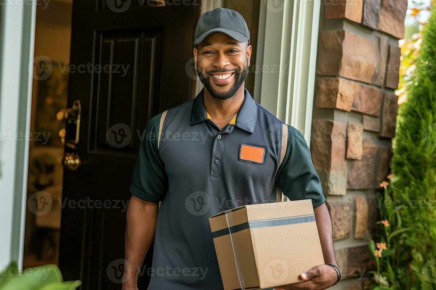 foto de un mensajero entregando un paquete a un residencial DIRECCIÓN. generativo ai