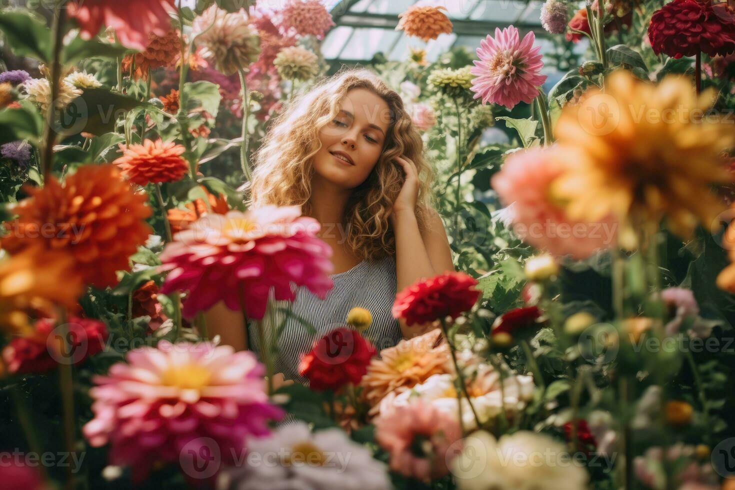 un creativo Disparo de un más - Talla mujer rodeado por vibrante y vistoso flores en un jardín. generativo ai foto