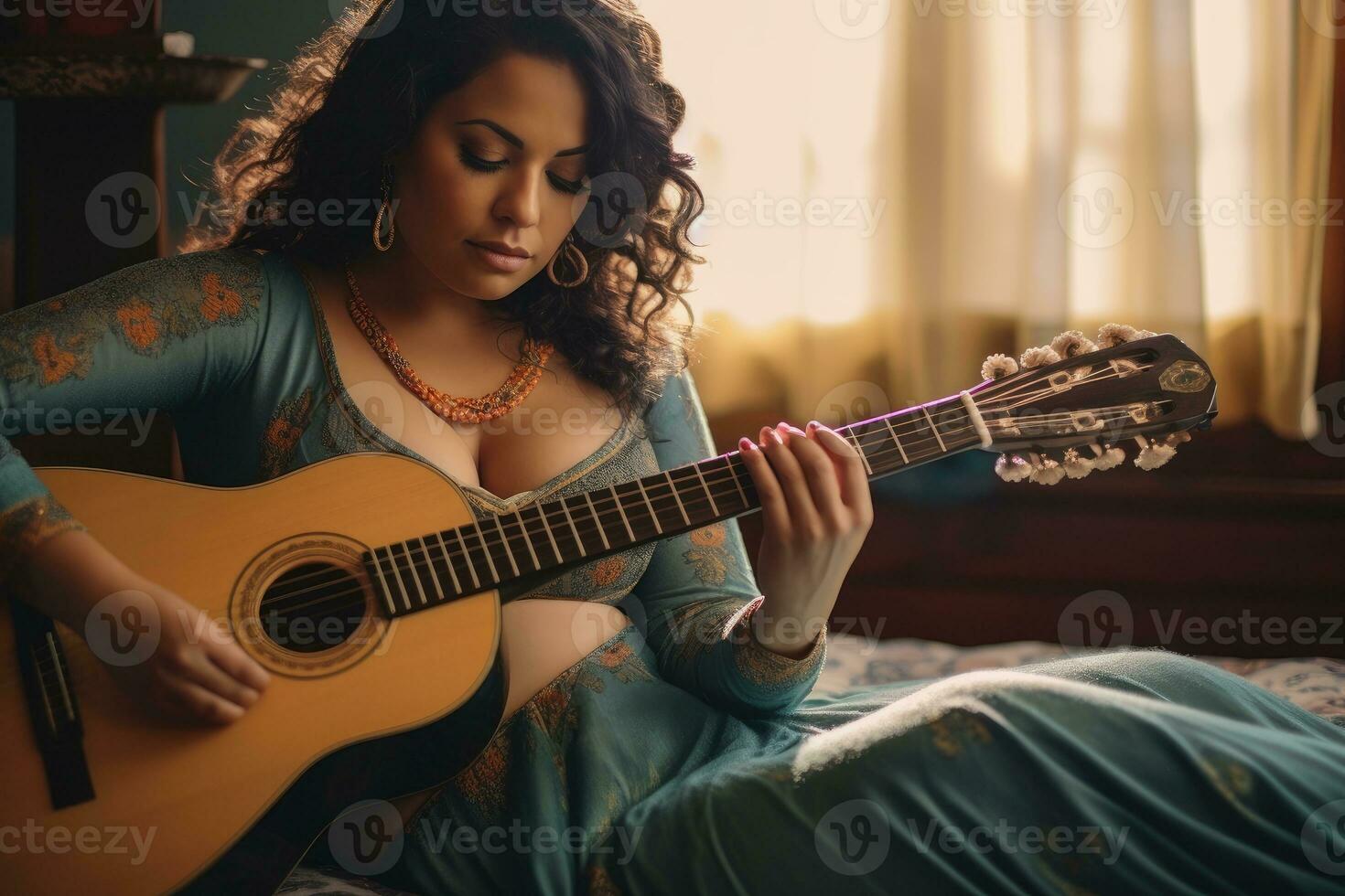 Lifestyle shot of an overweight woman who is confidently interested in a hobby like playing the guitar. Generative AI photo