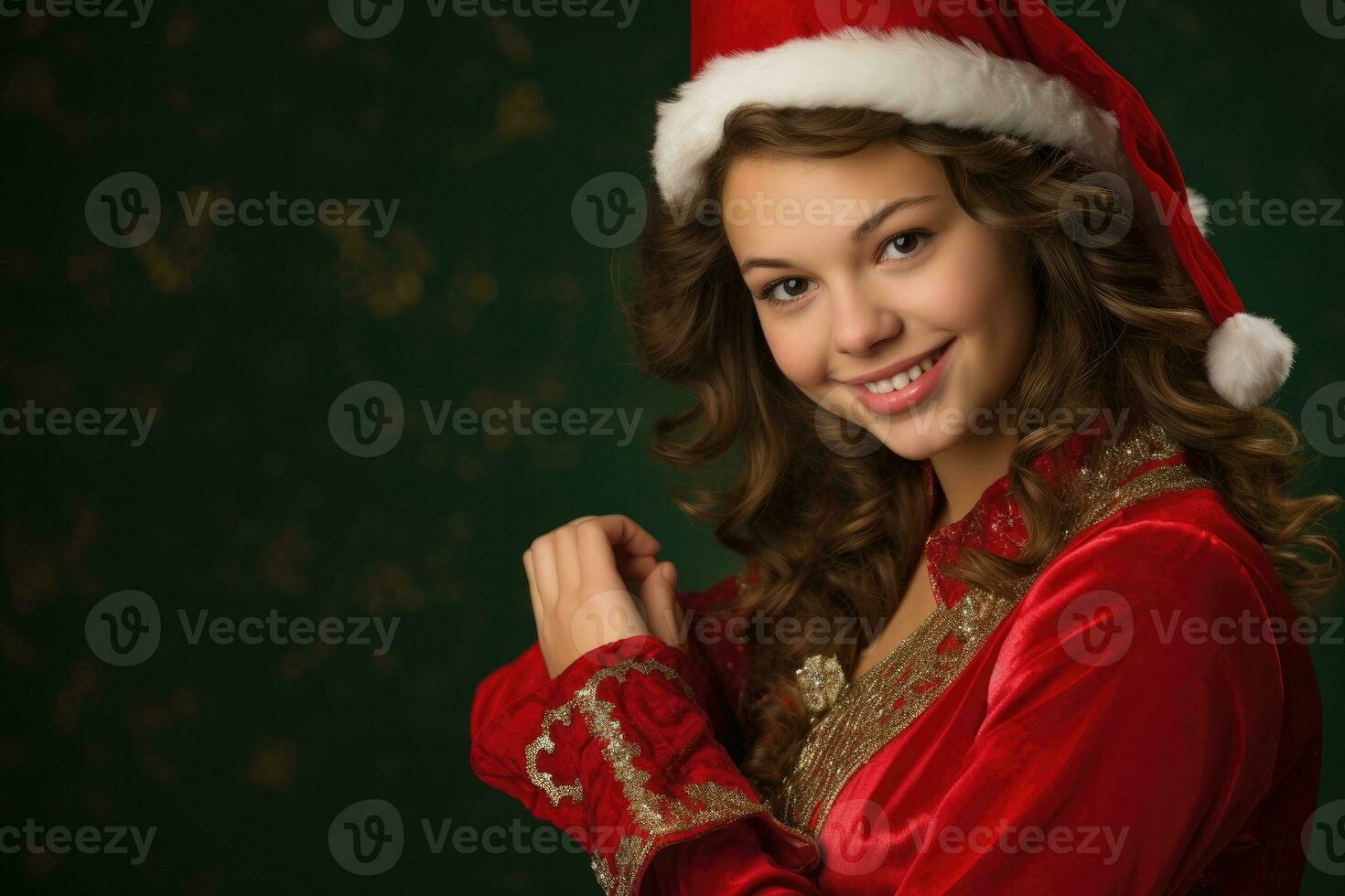 Photo of a beautiful 20 year's old woman wearing a charming santa clause costume against a solid colored background in a studio setting. Generative AI