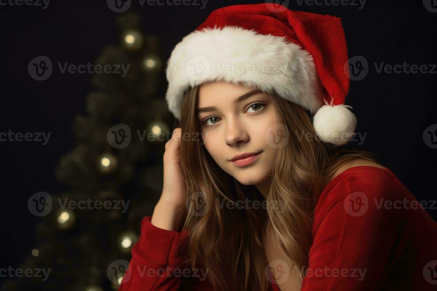 Photo of a beautiful 20 year's old woman wearing a charming santa clause costume against a solid colored background in a studio setting. Generative AI