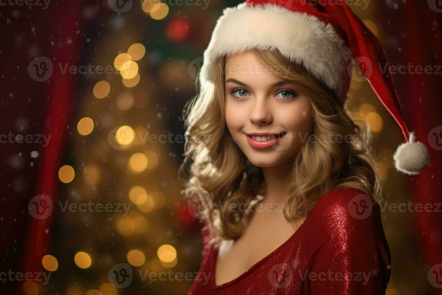 Photo of a beautiful 20 year's old woman wearing a charming santa clause costume against a solid colored background in a studio setting. Generative AI