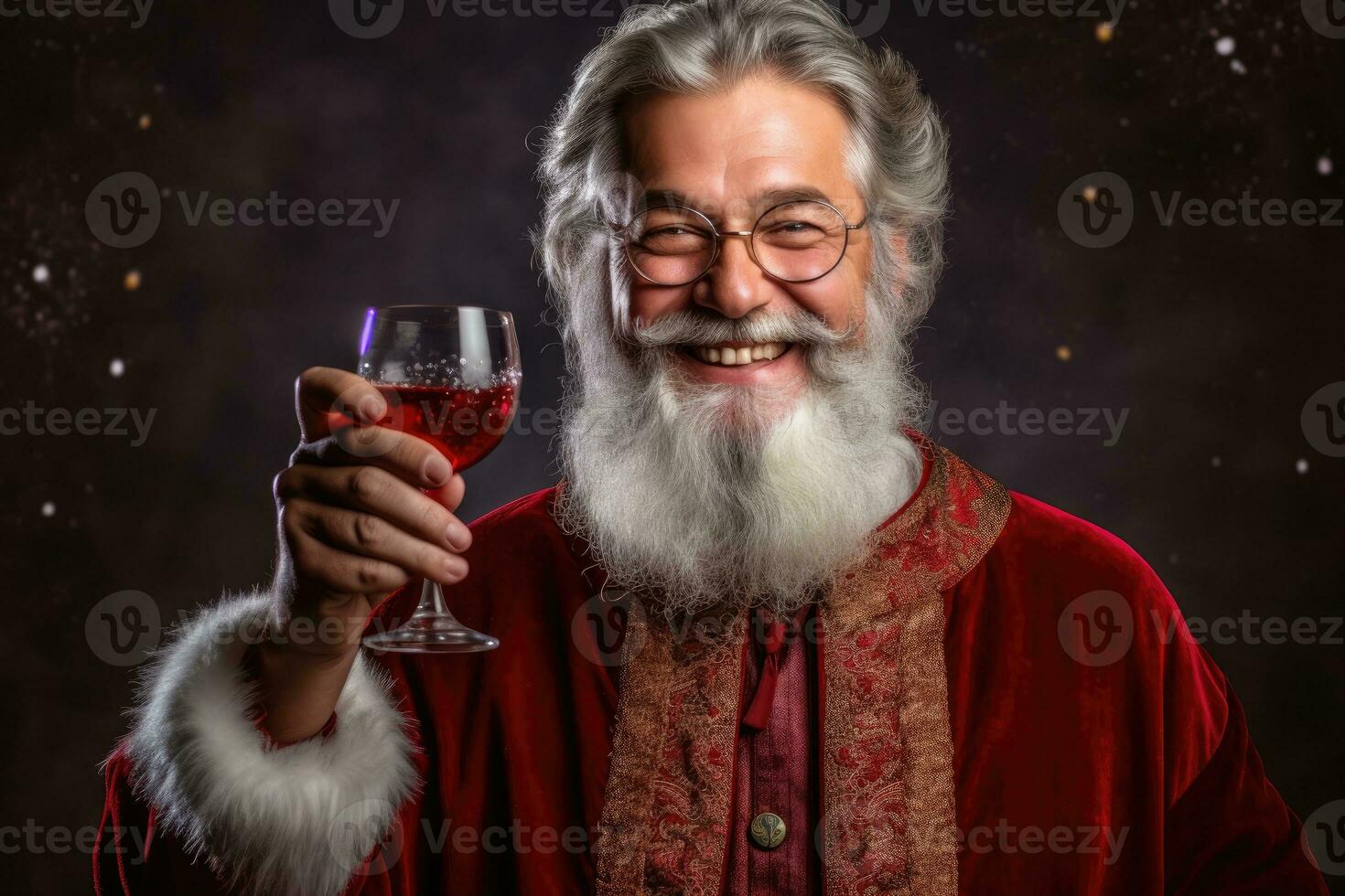 Photo of a jolly man dressed as Santa Claus in a festive studio. Generative AI