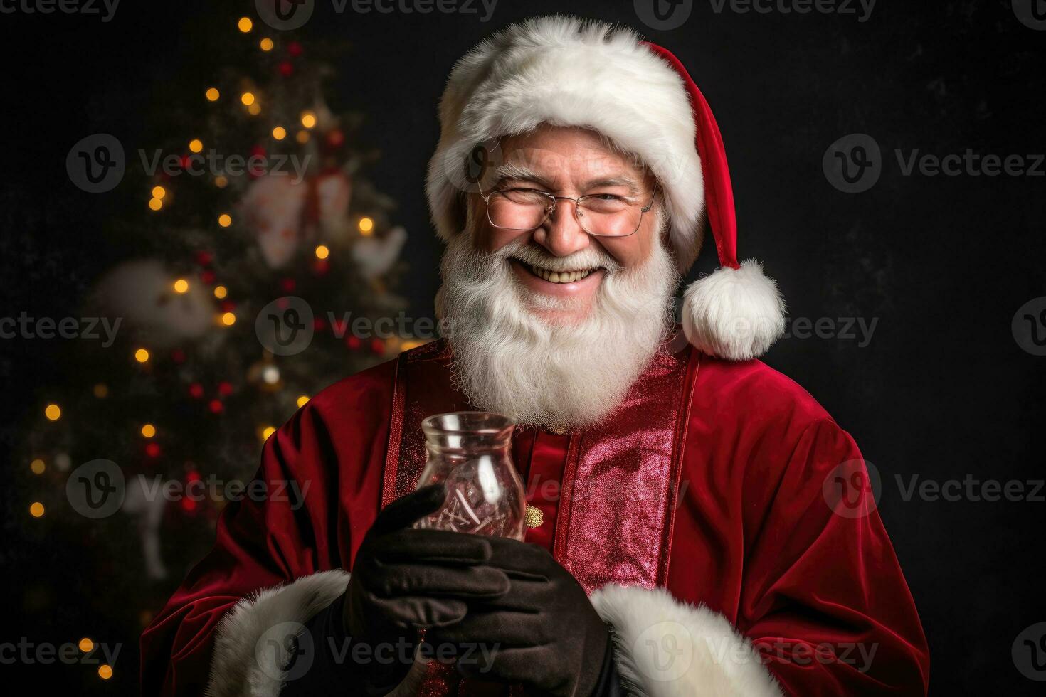 Photo of a jolly man dressed as Santa Claus in a festive studio. Generative AI