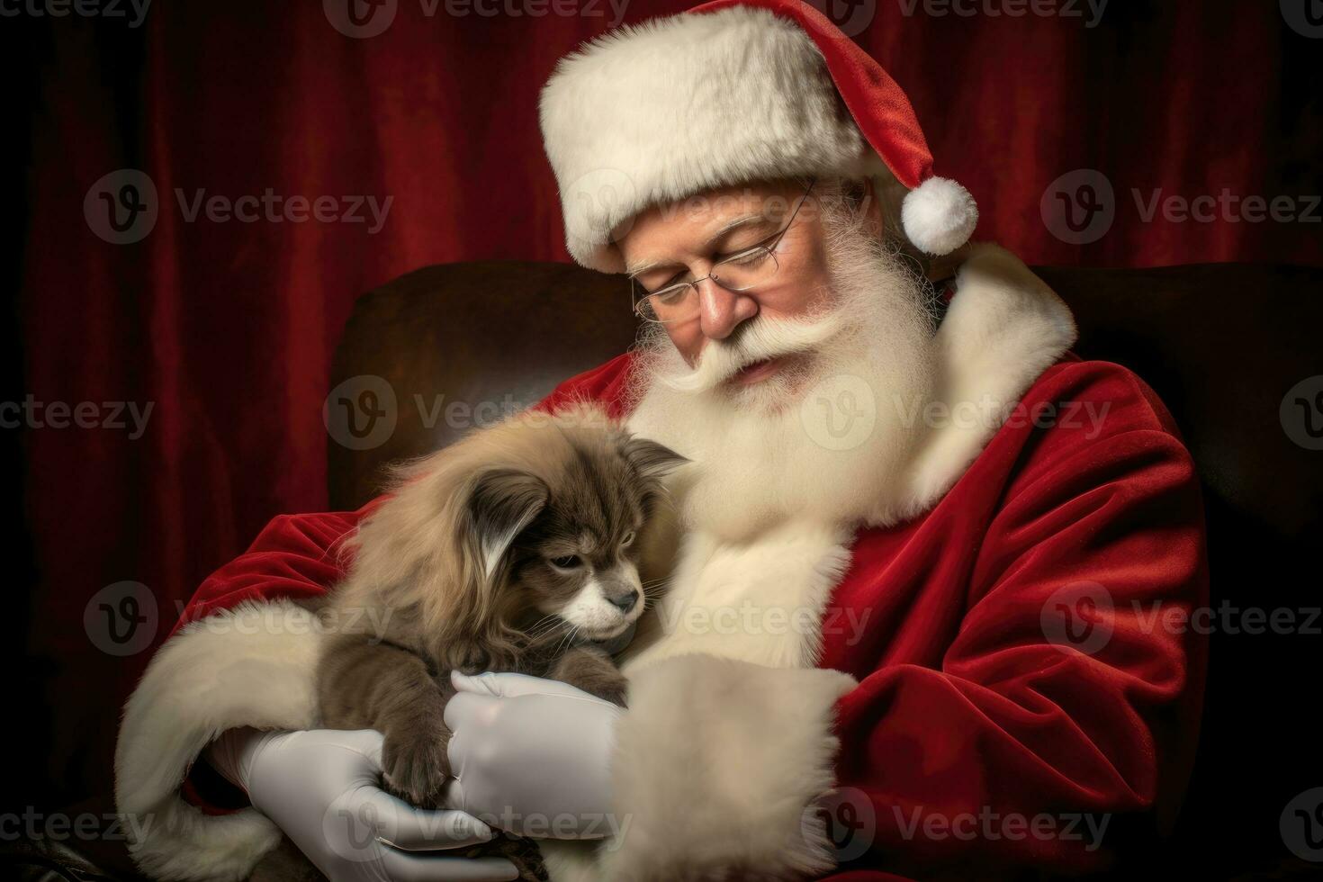 Photo of a jolly man dressed as Santa Claus in a festive studio. Generative AI