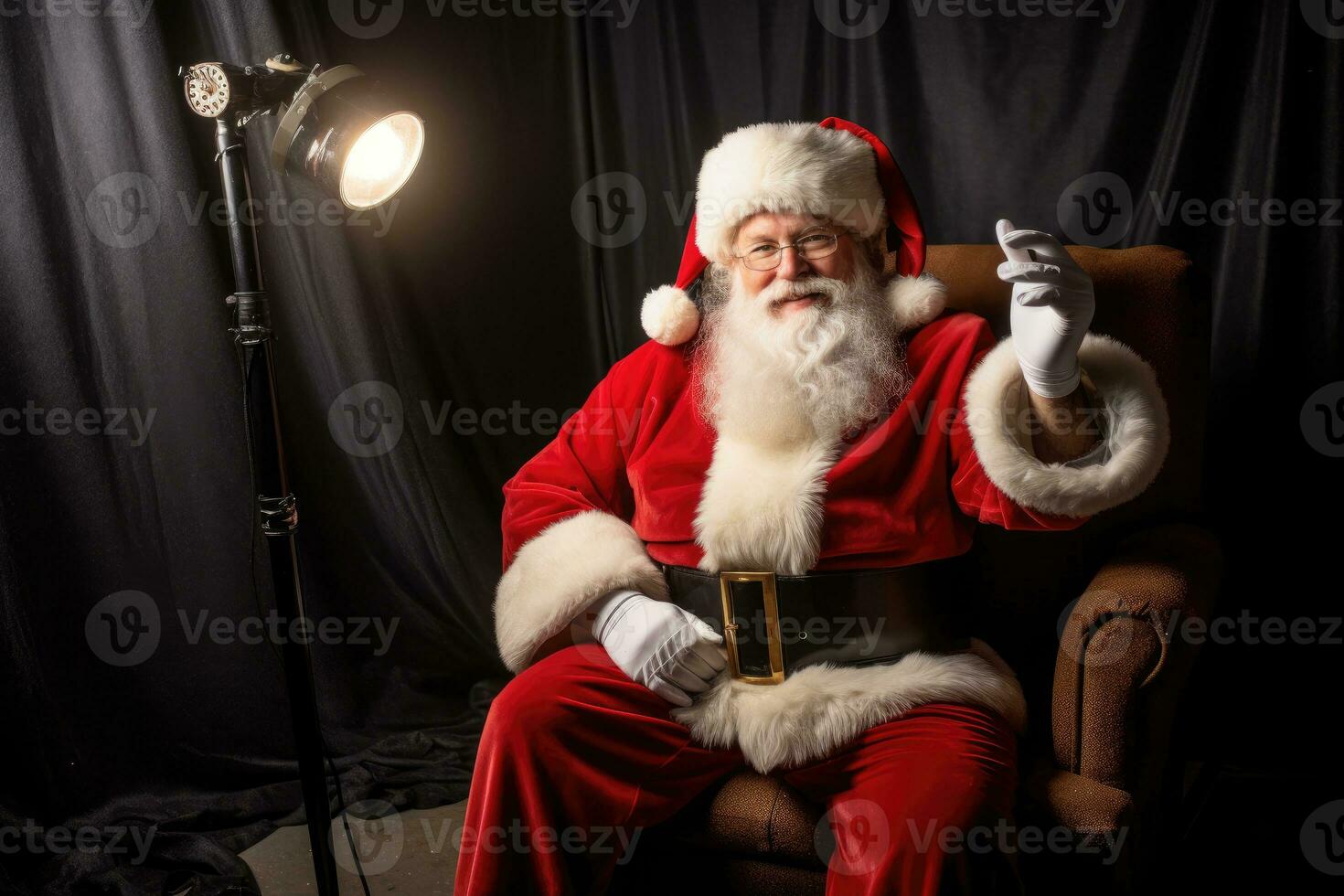 Photo of a jolly man dressed as Santa Claus in a festive studio. Generative AI