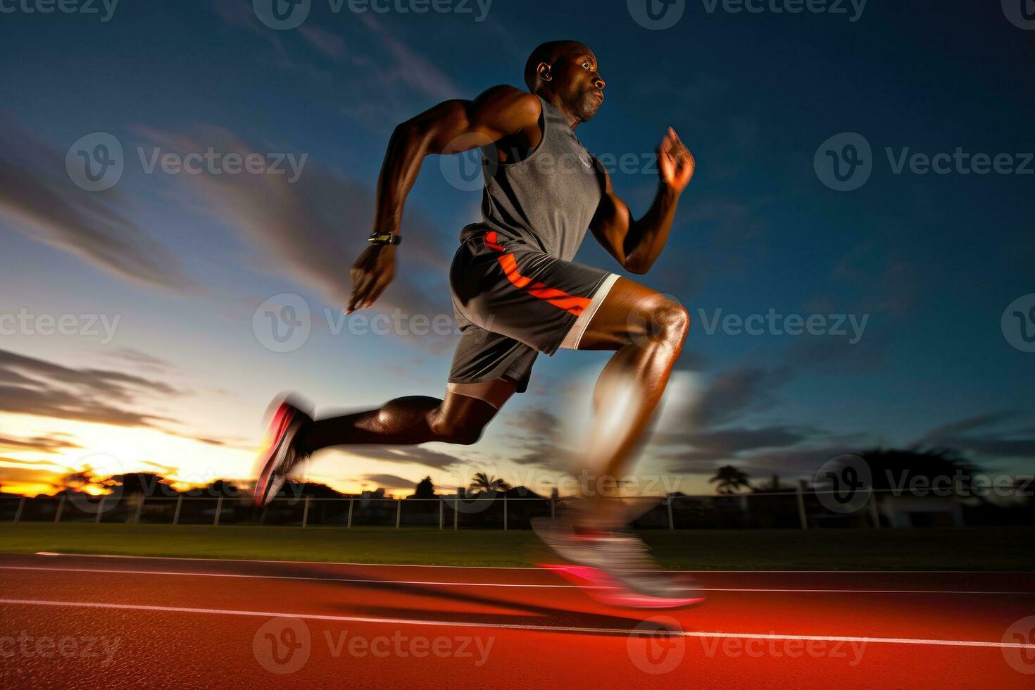 The agility and speed of a male athlete as he engages in a sprinting session on the track. Generative AI photo