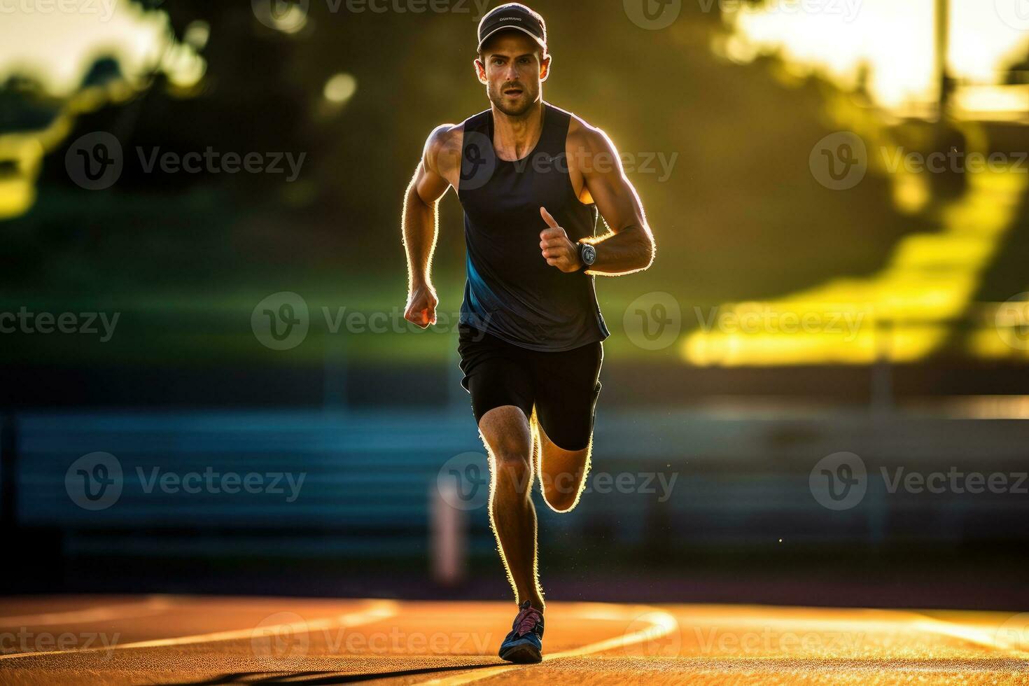 The agility and speed of a male athlete as he engages in a sprinting session on the track. Generative AI photo