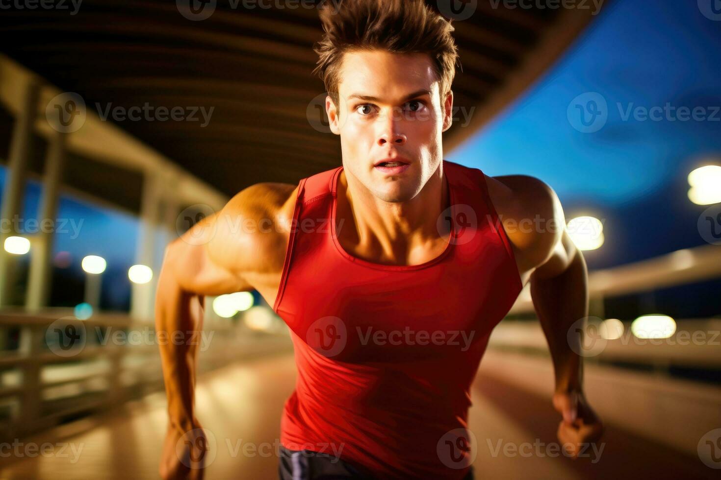 The agility and speed of a male athlete as he engages in a sprinting session on the track. Generative AI photo