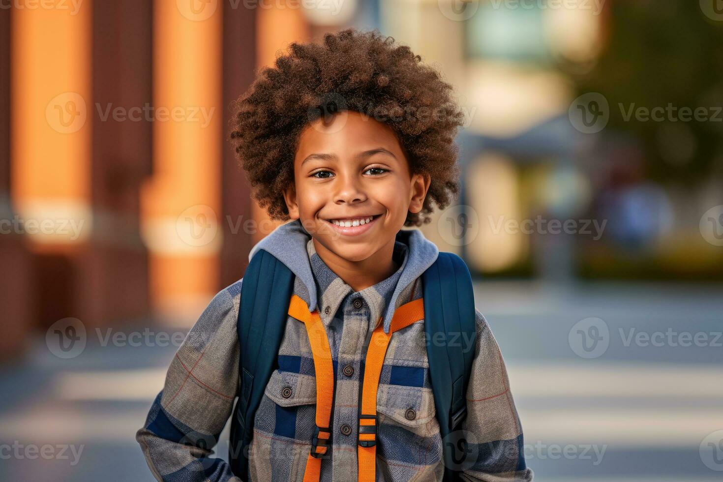 Portrait of a african american student boy ready for the first day of school wearing a backpack and posing with a big smile. Generative AI photo