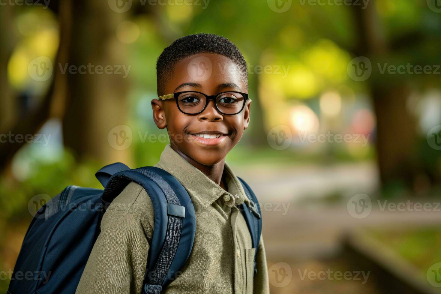Portrait of a african american student boy ready for the first day of school wearing a backpack and posing with a big smile. Generative AI photo