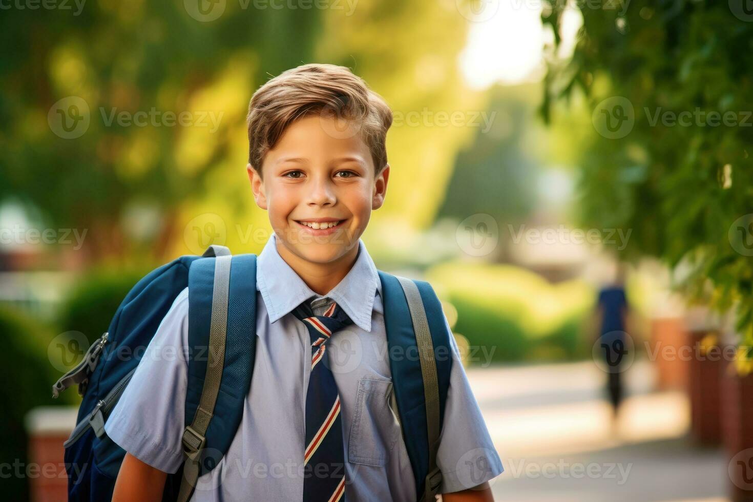 retrato de un caucásico estudiante chico Listo para el primero día de colegio vistiendo un mochila y posando con un grande sonrisa. generativo ai foto