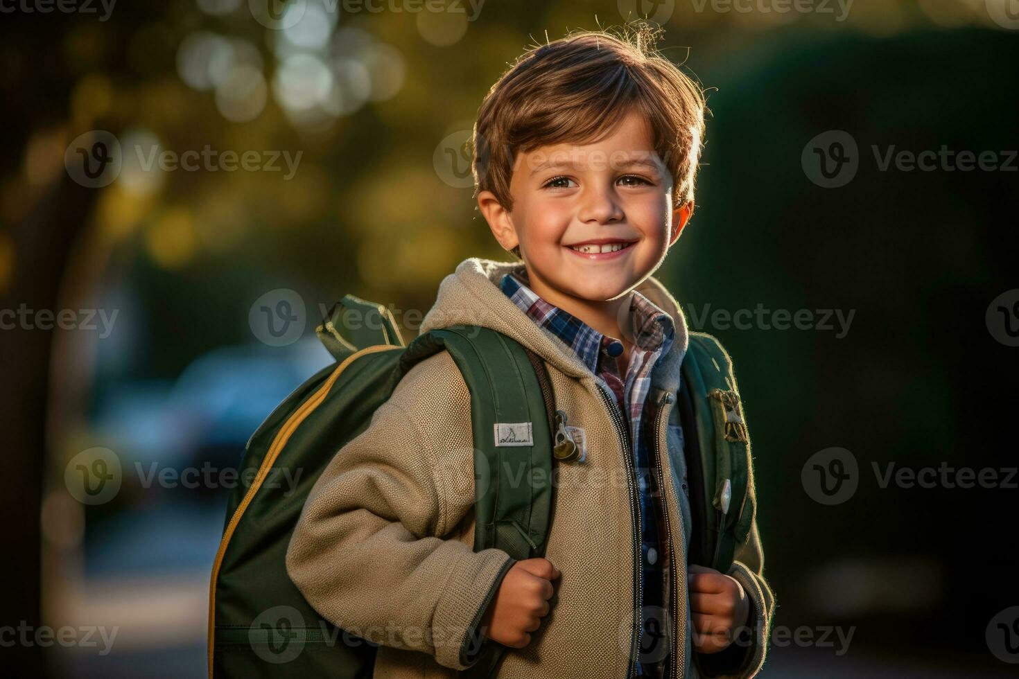 retrato de un caucásico estudiante chico Listo para el primero día de colegio vistiendo un mochila y posando con un grande sonrisa. generativo ai foto